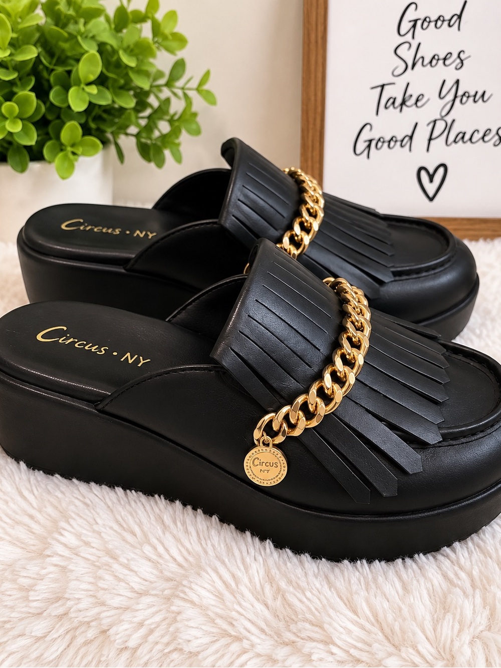 Circus by Sam Edelman Black Platform Fringe Mules with Gold Chain Accent